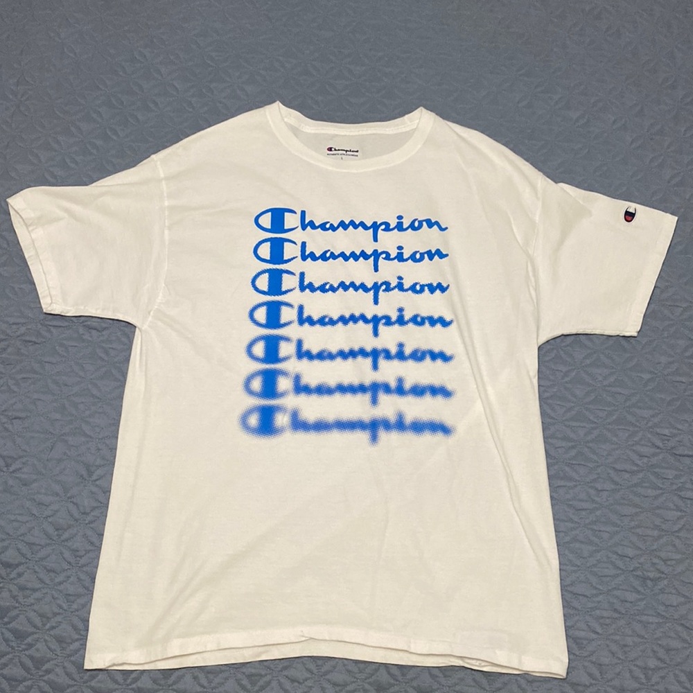 Large white Champion tee with logos